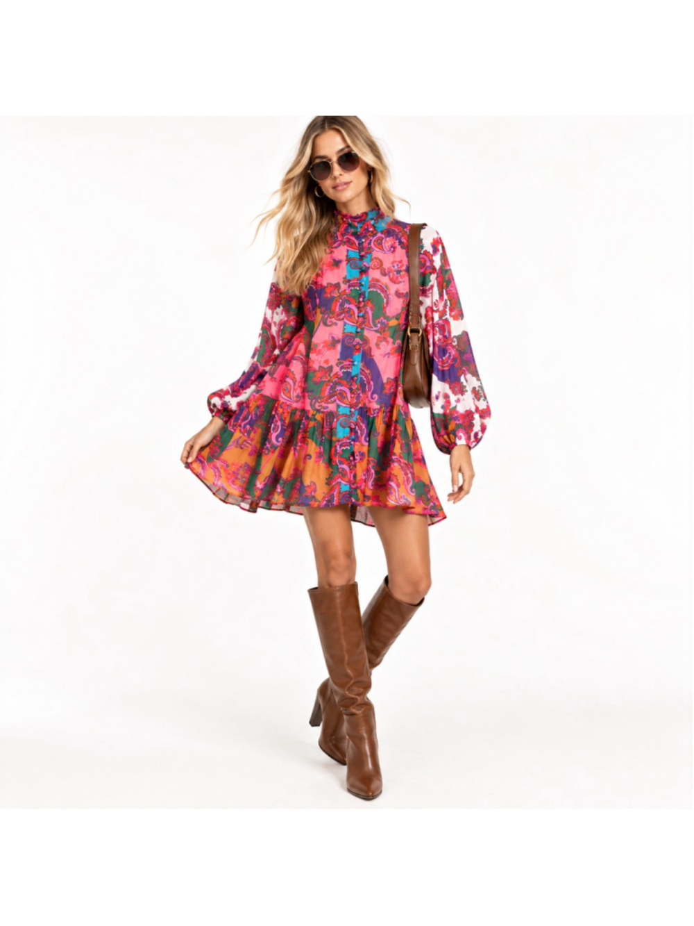 L'Atiste Georgette Puff Sleeve Paisley High Ruffle Sheer Swirly Mini Dress M
